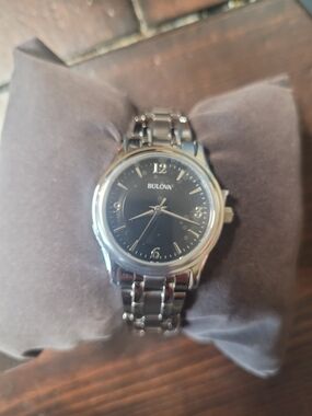 Bulova Silver Tone Stainless Steel Watch with Black Dial